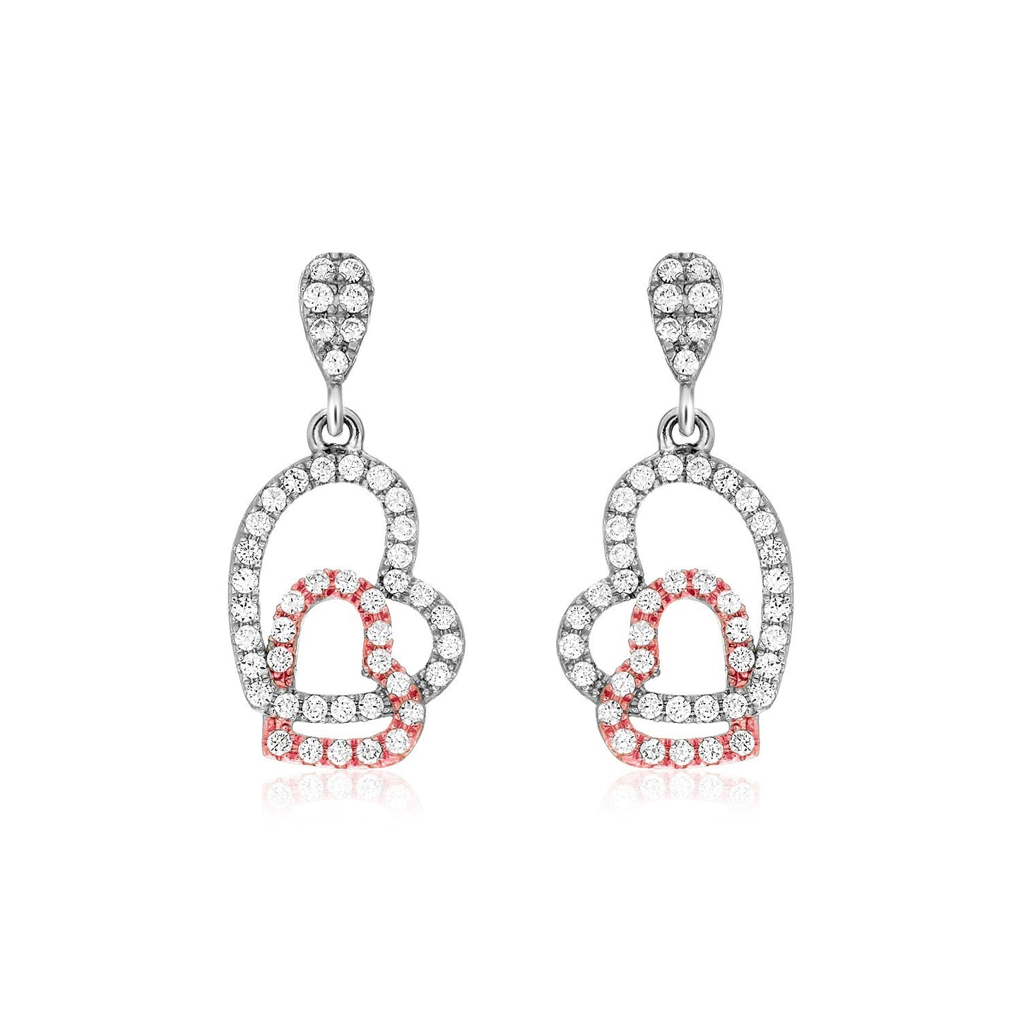 Sterling Silver Two Toned Earrings with Open Hearts and Cubic Zirconias
