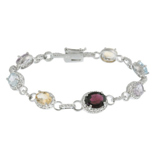 Sterling Silver Multi Color Gemstone & CZ Oval Link Bracelet