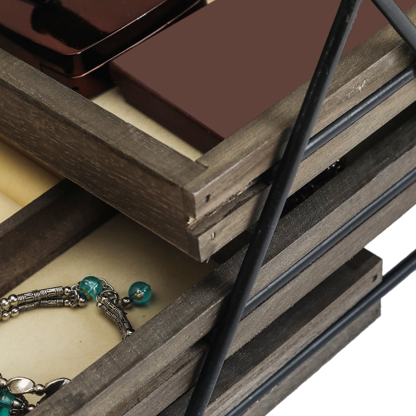 Three Layer Jewelry Tray With Metal Frame And Handle For Easy Storage And Access - Walnut