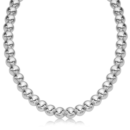 Sterling Silver Polished Bead Necklace with Rhodium Plating (10mm)