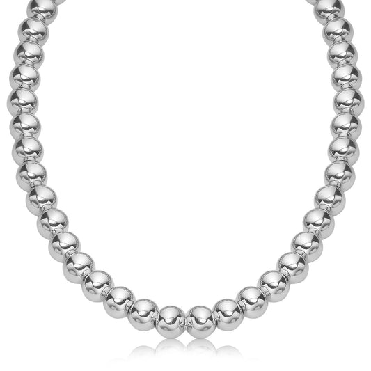 Sterling Silver Polished Bead Necklace with Rhodium Plating (10mm)