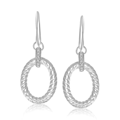 Sterling Silver Rhodium Finished Diamond Embellished Oval Rope Drop Earrings