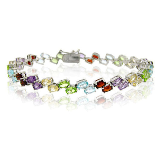 Sterling Silver Two Row Oval Multi Gemstone Bracelet