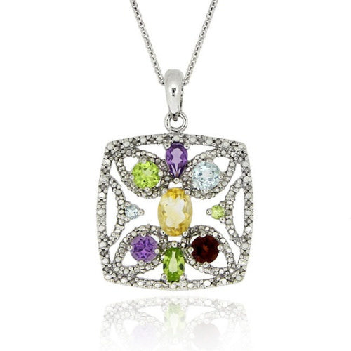 Sterling Silver Multi Gemstone Square Filigree Pendant