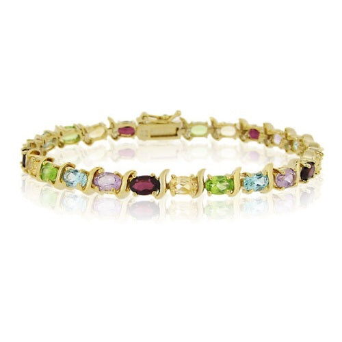 18K Gold over Sterling Silver 11.37ct. TGW Multi Gemstone Oval &amp; S Tennis Bracelet