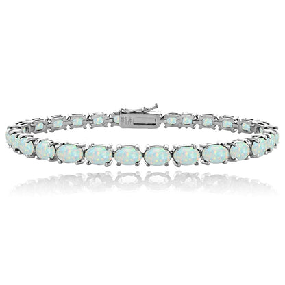 Sterling Silver 5.15ct Created White Opal 6x4mm Oval Tennis Bracelet