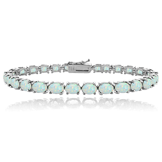 Sterling Silver 5.15ct Created White Opal 6x4mm Oval Tennis Bracelet