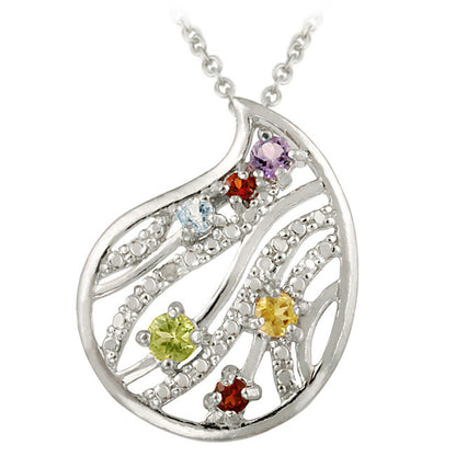 Sterling Silver Multi Gemstone & Diamond Accent Swirl Teardrop Pendant