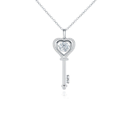 925 Sterling Silver, Moissanite Stone Heart Shaped Key Pendant Necklace